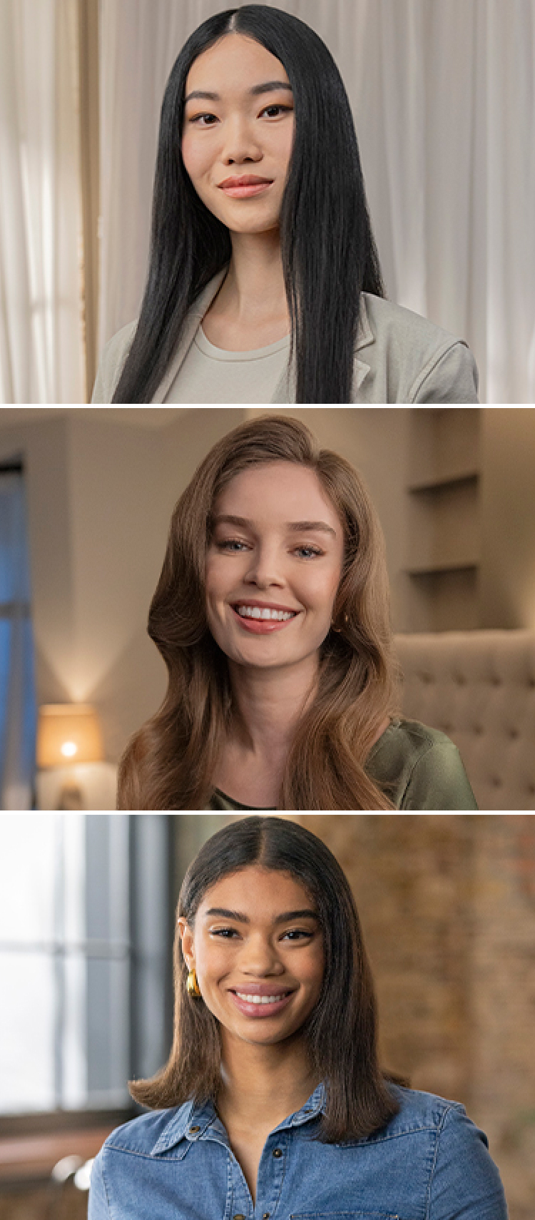 Tres mujeres sonrientes con cabello largo y liso negro, cabello castaño ondulado medio y cabello castaño liso hasta los hombros.